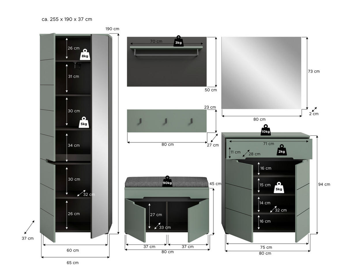 ŠATNA, 255/190/37 cm - šedá/šedozelená, Design, kompozitní dřevo (255/190/37cm) - Livetastic