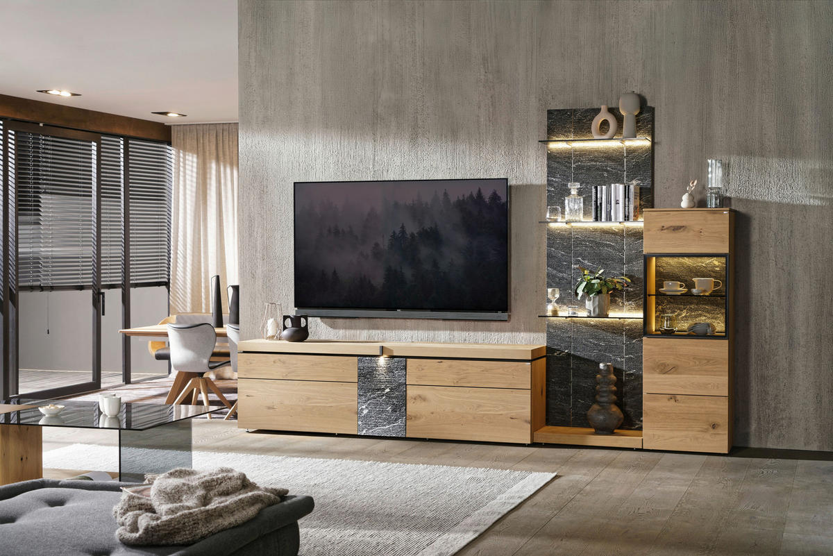 WOHNWAND 3-teilig  in Grau, Alteiche  304/202/43 cm  - Alteiche/Schwarz, Design, Glas/Holz (304/202/43cm) - Voglauer