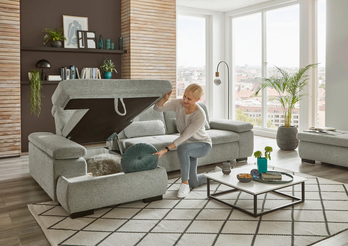 ECKSOFA in Flachgewebe Alufarben  - Schwarz/Alufarben, Design, Textil/Metall (174/297cm) - Beldomo Style