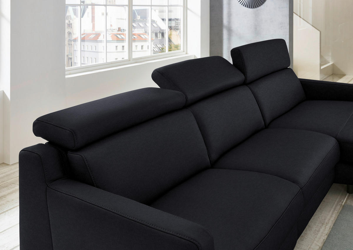 ECKSOFA Echtleder Schwarz  - Chromfarben/Schwarz, Design, Leder/Metall (291/176cm) - Valdera