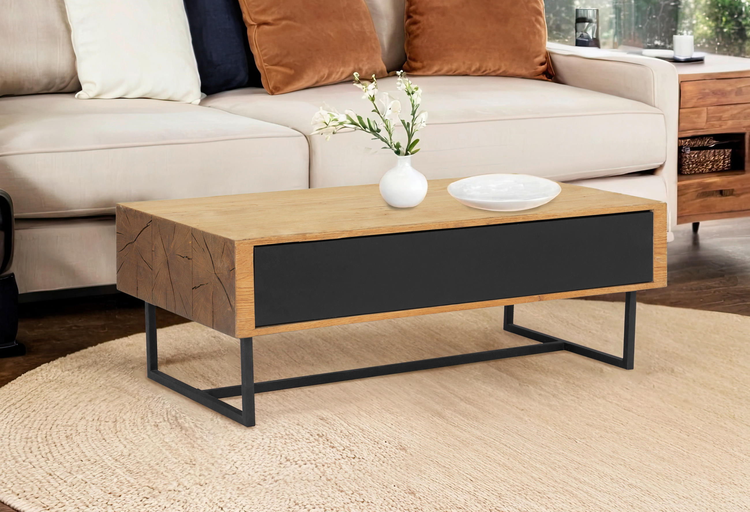 KONFERENČNÍ STOLEK, přírodní barvy, černá, dřevo, kov, kompozitní dřevo, 110/60/40 cm - černá/přírodní barvy, Design, kov/dřevo (110/60/40cm) - MID.YOU
