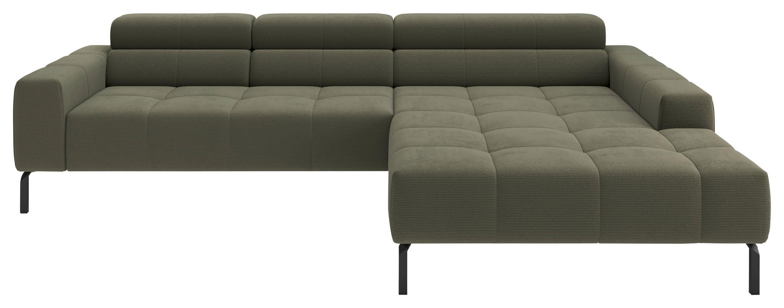 ECKSOFA Olivgrün Feincord Rücken echt, Kopfteilverstellung, Sitztiefenverstellung  - Schwarz/Olivgrün, KONVENTIONELL, Textil/Metall (293/226cm) - Hom`in