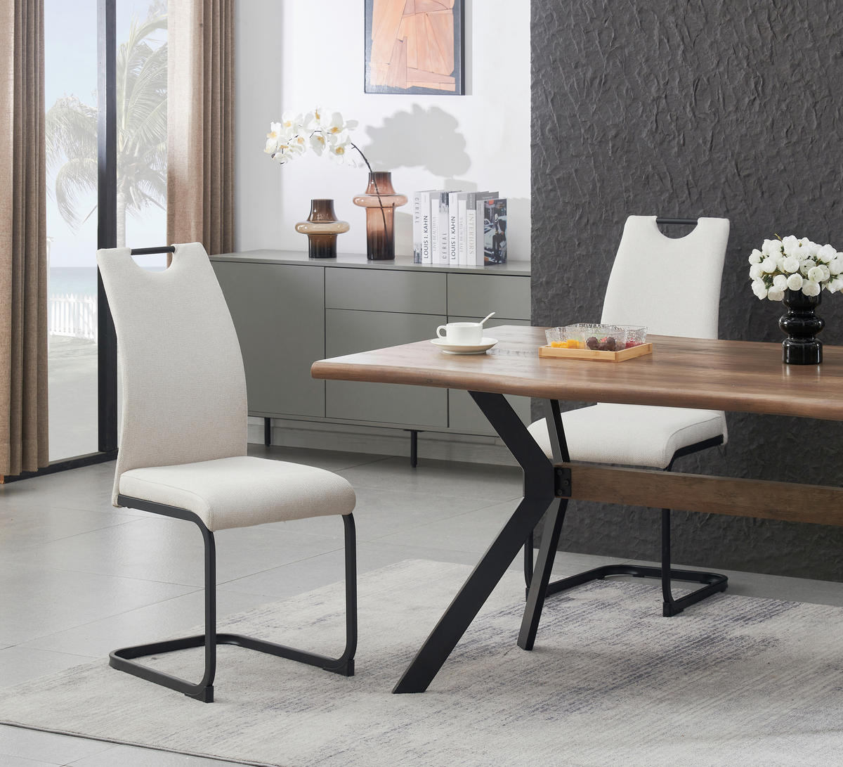 SCHWINGSTUHL-SET 2 Stück  in Webstoff  - Creme/Schwarz, MODERN, Textil/Metall (43/98/59cm) - MID.YOU