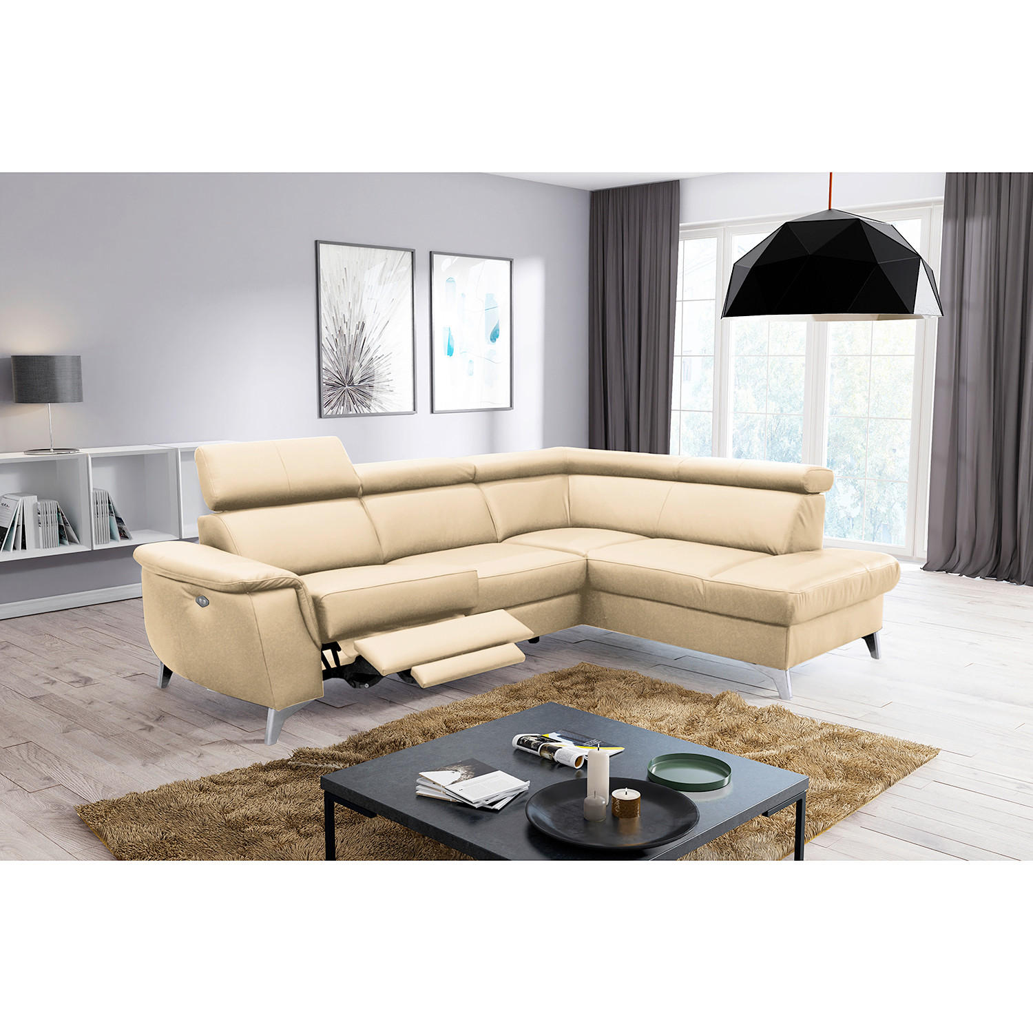 ECKSOFA Beige Echtleder Lederlook  - Chromfarben/Beige, Design, Leder/Textil (257/197cm) - Livetastic