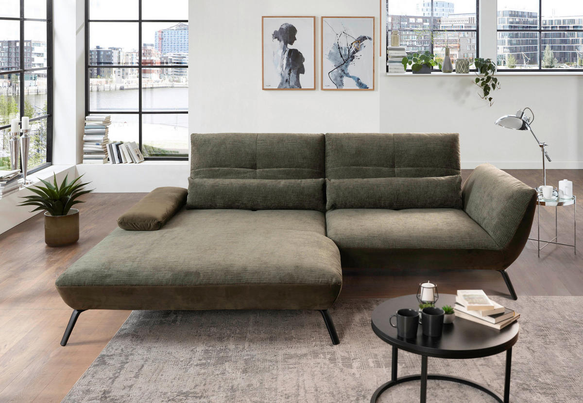 ECKSOFA Olivgrün Flachgewebe  - Schwarz/Olivgrün, Trend, Textil/Metall (191-207/273cm) - Livetastic