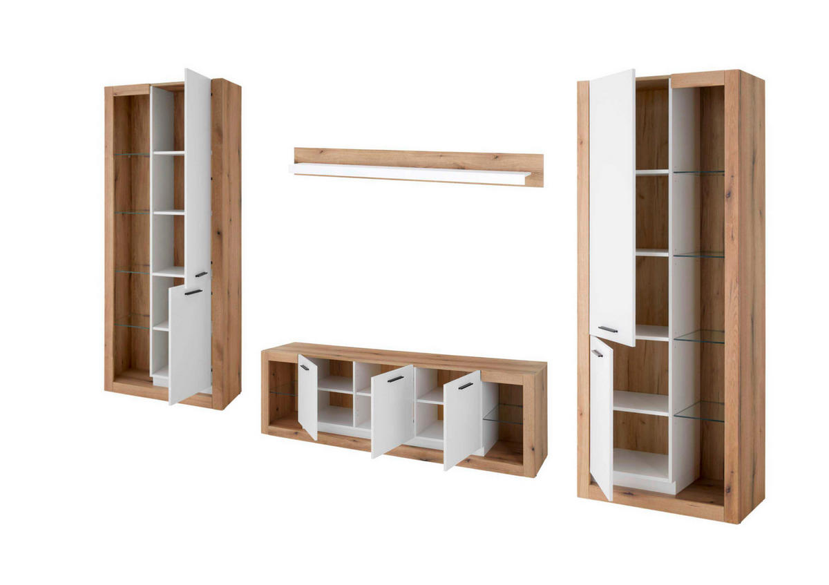 WOHNWAND 4-teilig  in Weiß, Eichefarben  398/195/43 cm  - Eichefarben/Schwarz, Design, Glas/Holzwerkstoff (398/195/43cm) - MID.YOU