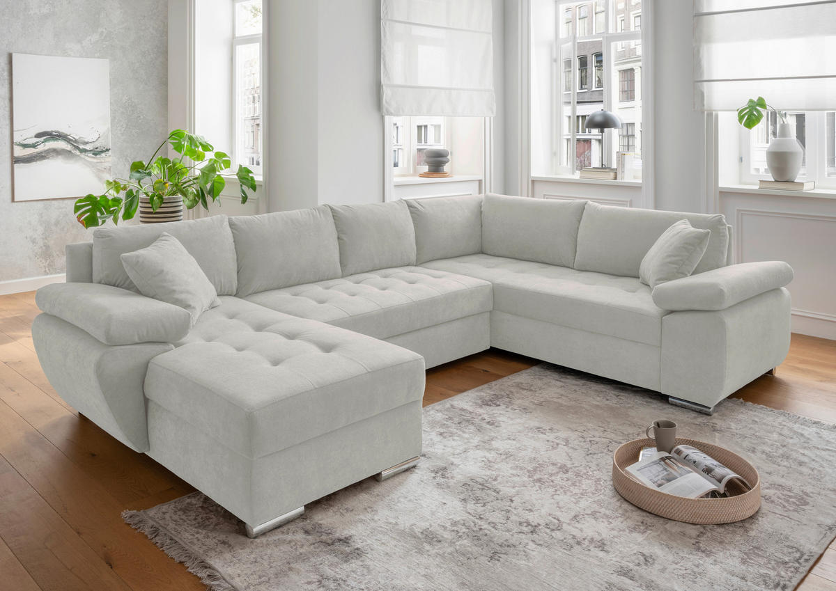 WOHNLANDSCHAFT in Mikrofaser Beige  - Chromfarben/Beige, KONVENTIONELL, Textil/Metall (157/305/219cm) - Livetastic