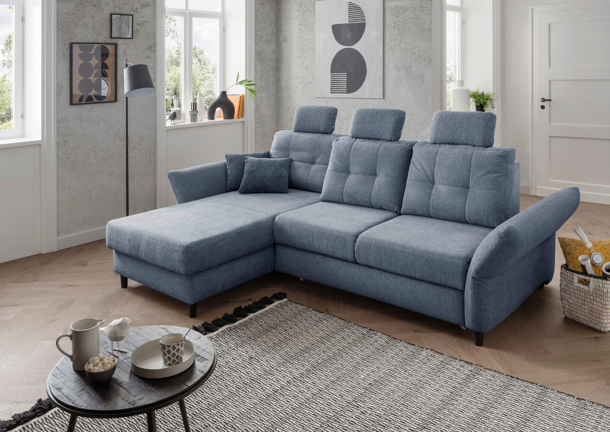 ECKSOFA Hellblau Chenille  - Blau/Schwarz, MODERN, Holz/Textil (176/250-280cm) - Livetastic