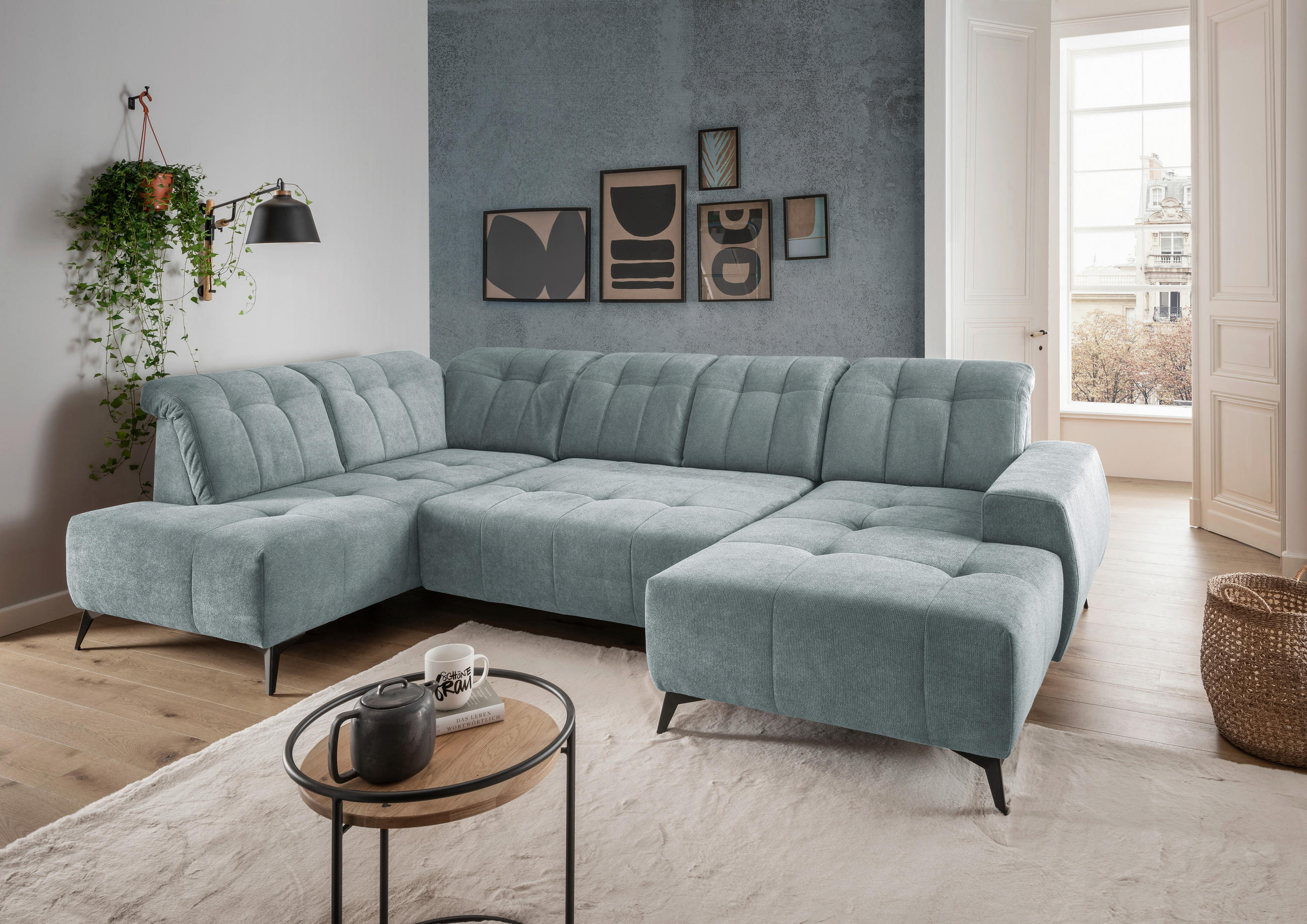 WOHNLANDSCHAFT SANO in Chenille Mintgrau  - Mintgrau/Schwarz, MODERN, Textil/Metall (200/337/180cm) - Livetastic