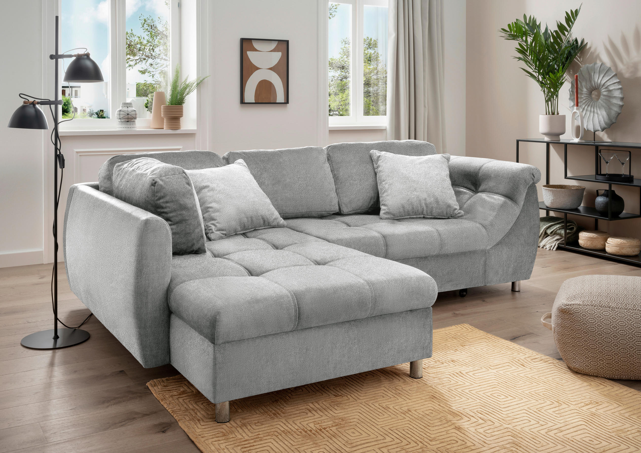 ECKSCHLAFSOFA  mit Liegefunktion, seitenverkehrt erhältlich Mikrofaser Silberfarben  - Chromfarben/Silberfarben, MODERN, Textil/Metall (190/250cm) - Livetastic