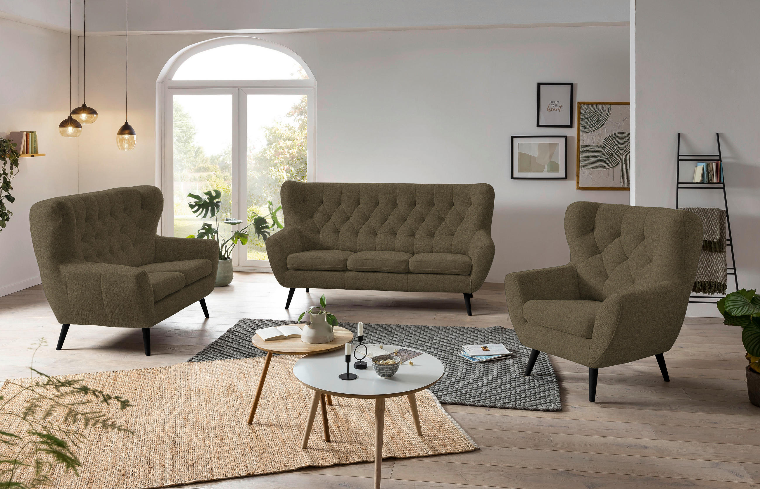 2-SITZER-SOFA in Mikrofaser Olivgrün  - Eichefarben/Beige, Design, Holz/Holzwerkstoff (138/104/92cm) - Stylife
