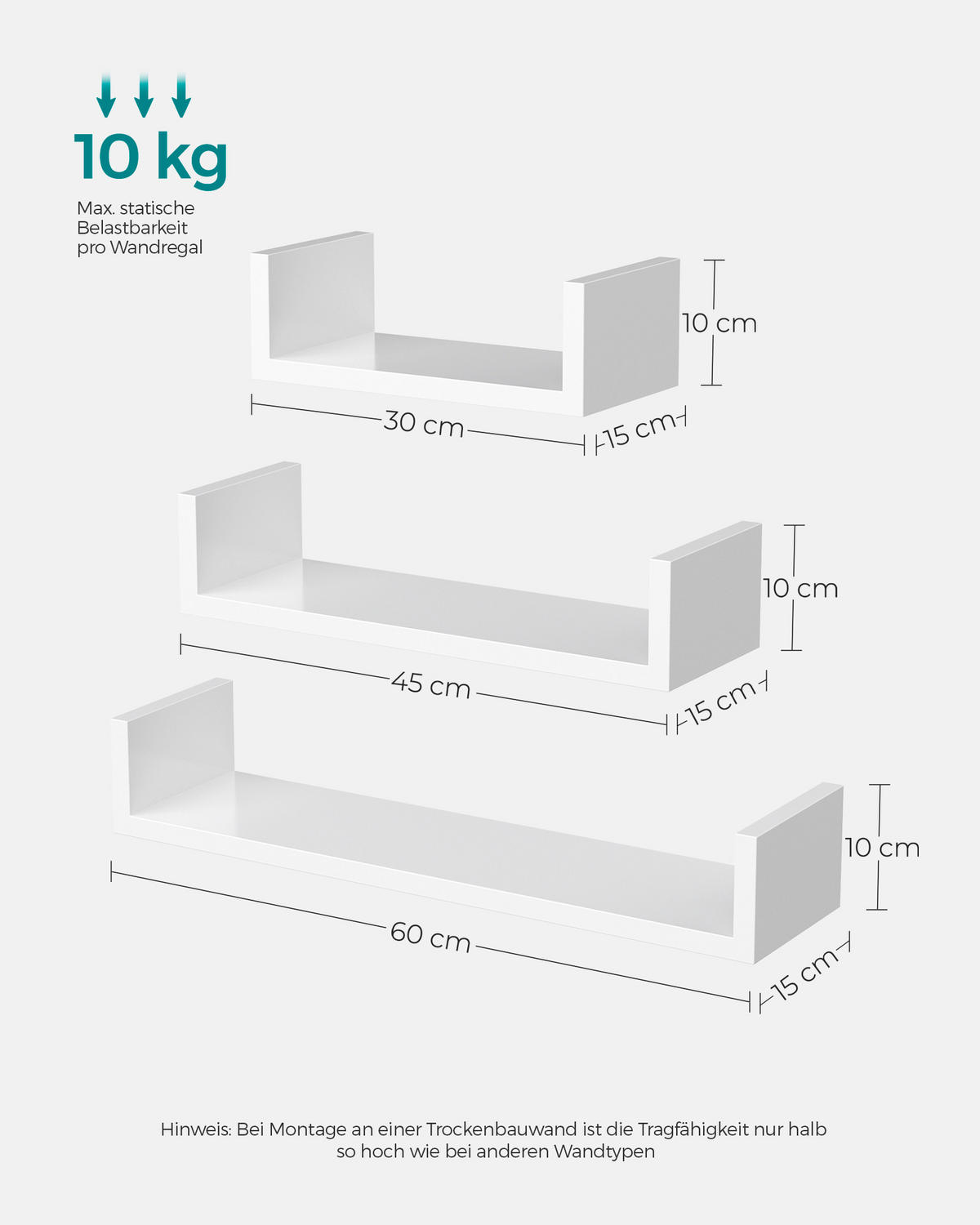 WANDREGALSET 60/10/15 cm  - Weiß, Trend, Holzwerkstoff (60/10/15cm) - Boxxx