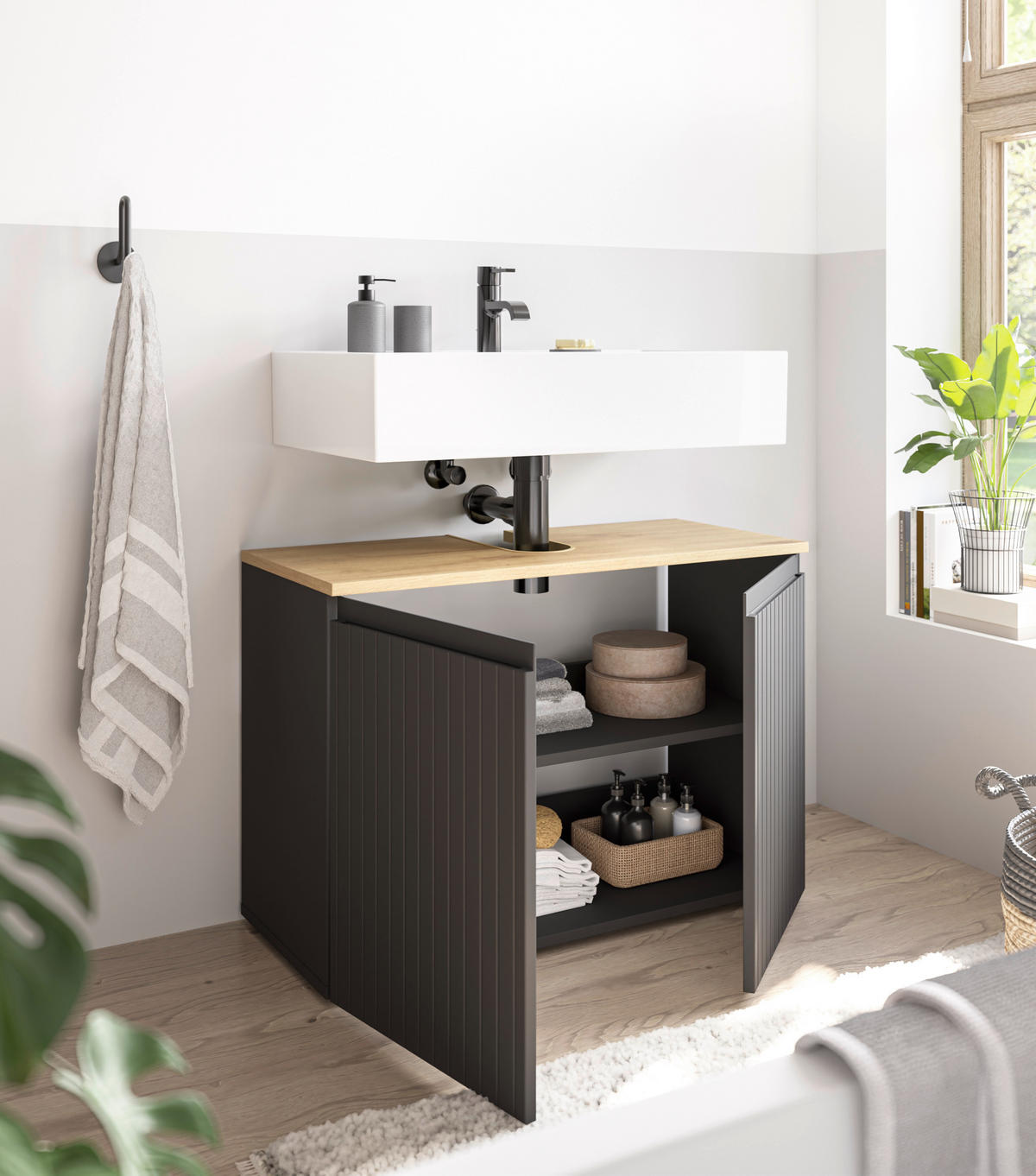 WASCHBECKENUNTERSCHRANK 80/57/36 cm  - Eichefarben/Schwarz, MODERN, Holzwerkstoff/Kunststoff (80/57/36cm) - MID.YOU