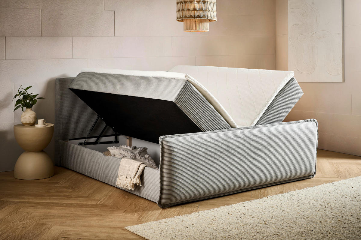 BOXBETT 180/200 cm,  in Hellgrau, Kissen, Bettkasten, Topper, H3 + H3 = fest  - Hellgrau/Schwarz, Design, Kunststoff/Textil (180/200cm) - Chameo