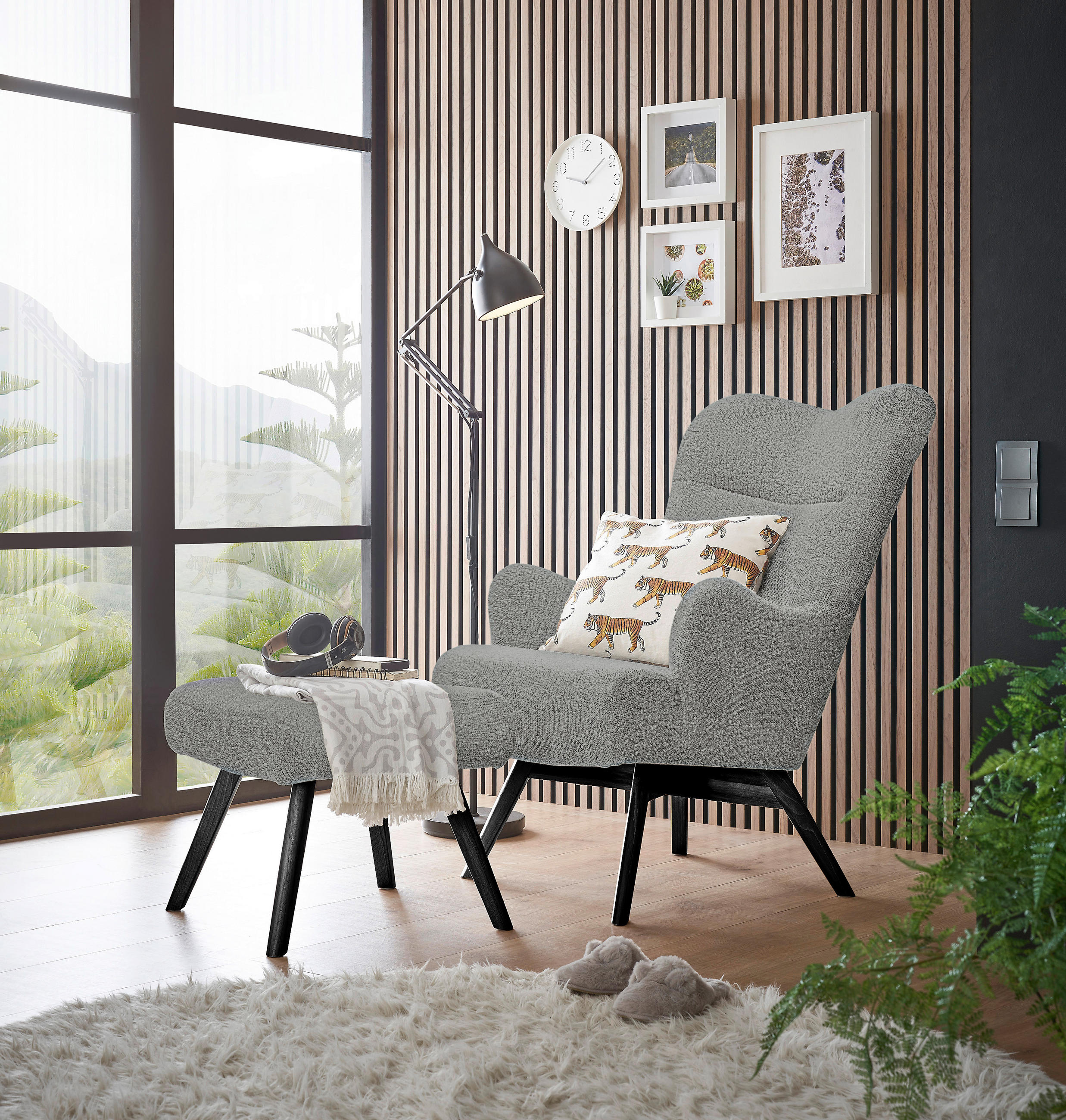 HOCKER Teddystoff Grau, Schwarz  - Schwarz/Grau, Design, Holz/Textil (52/46/57cm) - MID.YOU