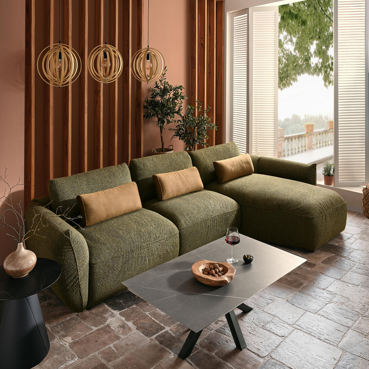 ECKSOFA in Chenille Grün  340/190 cm  - Schwarz/Braun, Design, Kunststoff/Textil (340/190cm) - Emilio Belluti