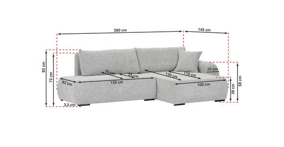 ECKSOFA Grau Flachgewebe Zierkissen, Rückenkissen, Bettkasten, Schlaffunktion, Rücken echt, Liegefläche im Originalstoff  - Schwarz/Grau, KONVENTIONELL, Kunststoff/Textil (260/145cm) - Carryhome