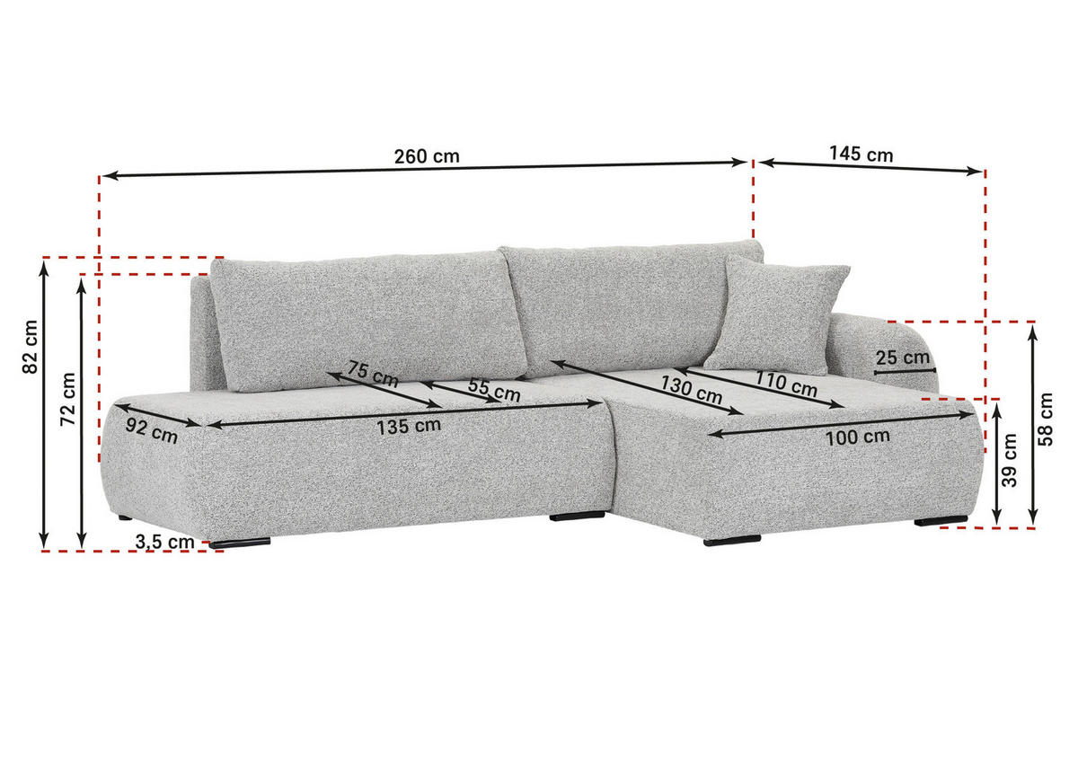 ECKSOFA Grau Flachgewebe Zierkissen, Rückenkissen, Bettkasten, Schlaffunktion, Rücken echt, Liegefläche im Originalstoff  - Schwarz/Grau, KONVENTIONELL, Kunststoff/Textil (260/145cm) - Carryhome