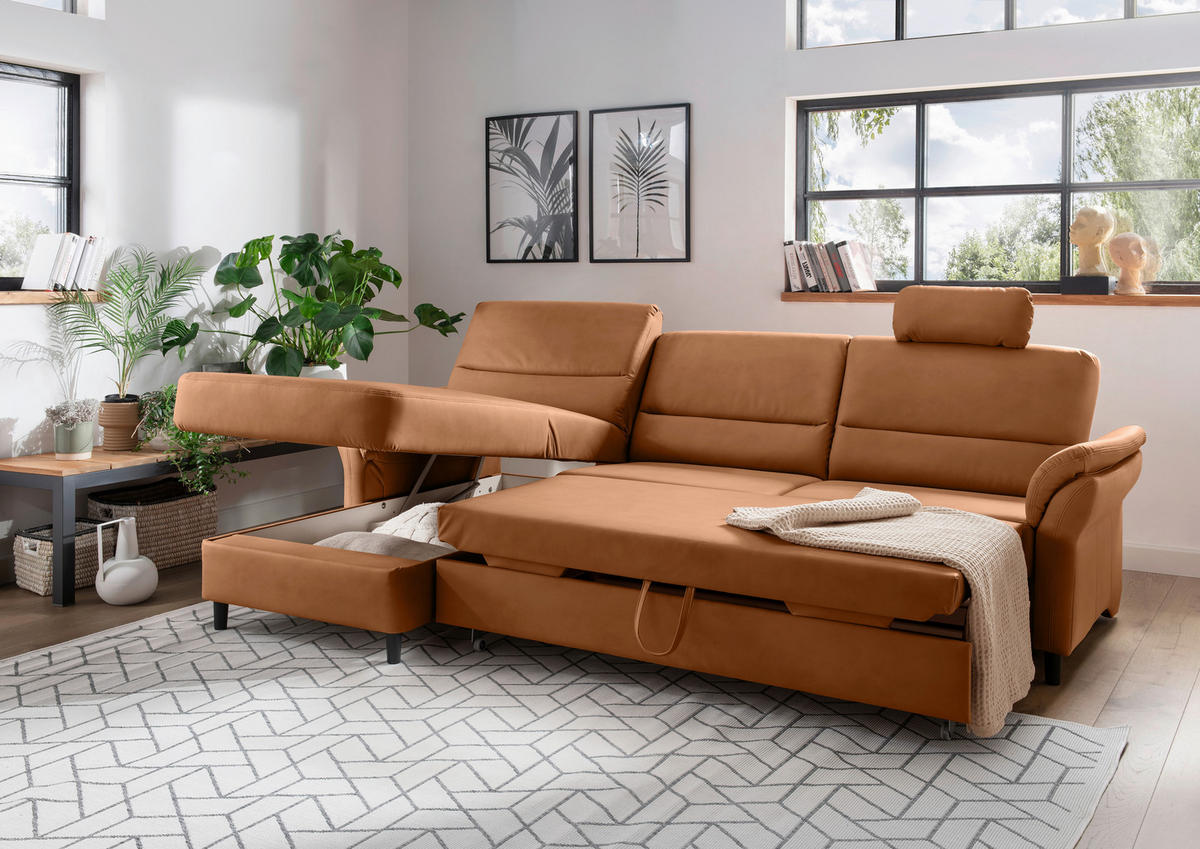 ECKSOFA in Lederlook Cognac  - Cognac/Schwarz, Modern, Holz/Textil (176/279cm) - Livetastic