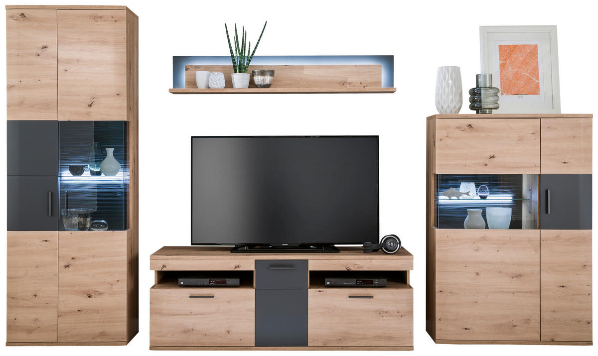 OBÝVACÍ STĚNA, antracitová, čiré, barvy dubu - barvy dubu/černá, Design, kov/kompozitní dřevo (330/198/50cm) - Livetastic