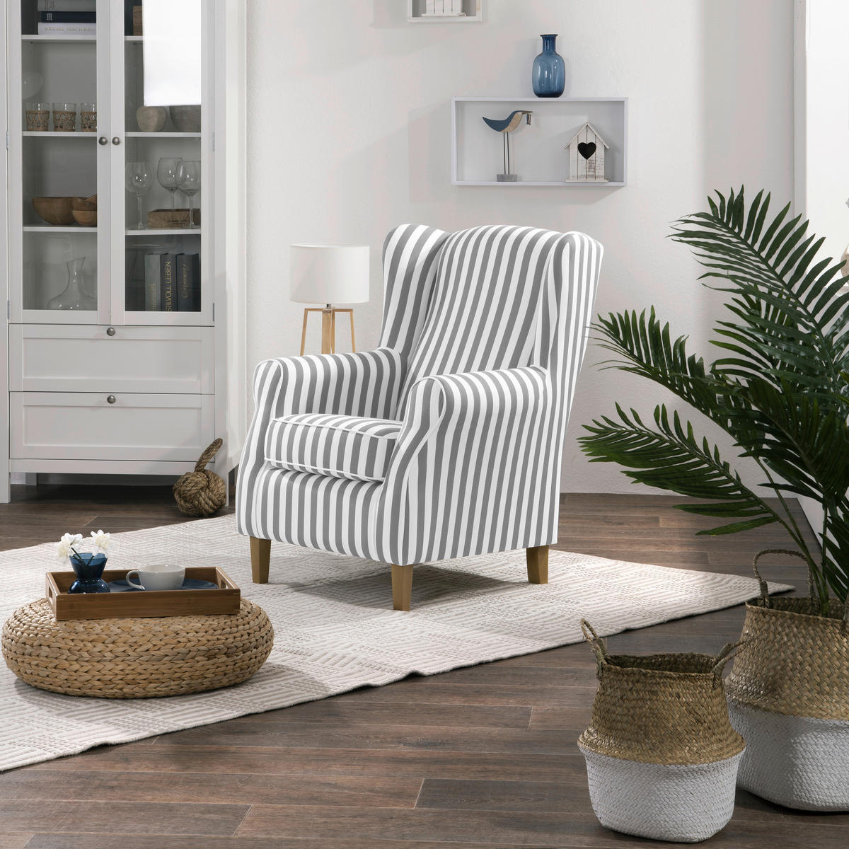 OHRENSESSEL in Flachgewebe Weiss, Hellbraun  - Hellbraun/Weiss, Konventionell, Holz/Textil (77/103/86cm) - Max Winzer