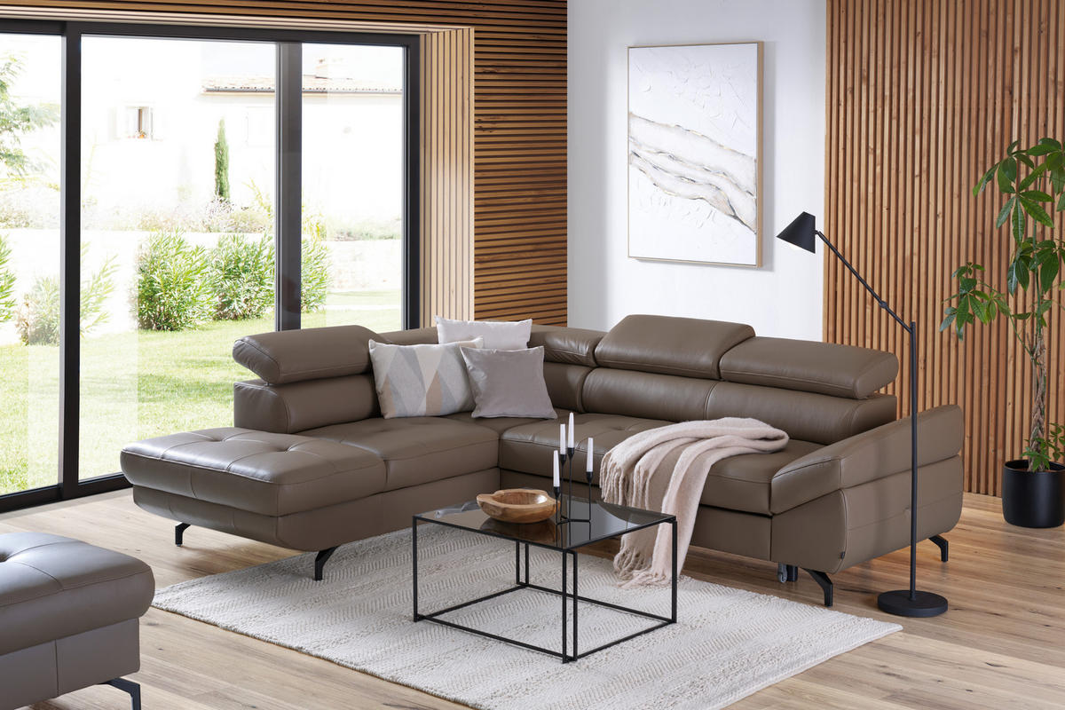 ECKSOFA in Echtleder Haselnussfarben  - Schwarz/Haselnussfarben, Design, Leder/Metall (220/270cm) - Novel