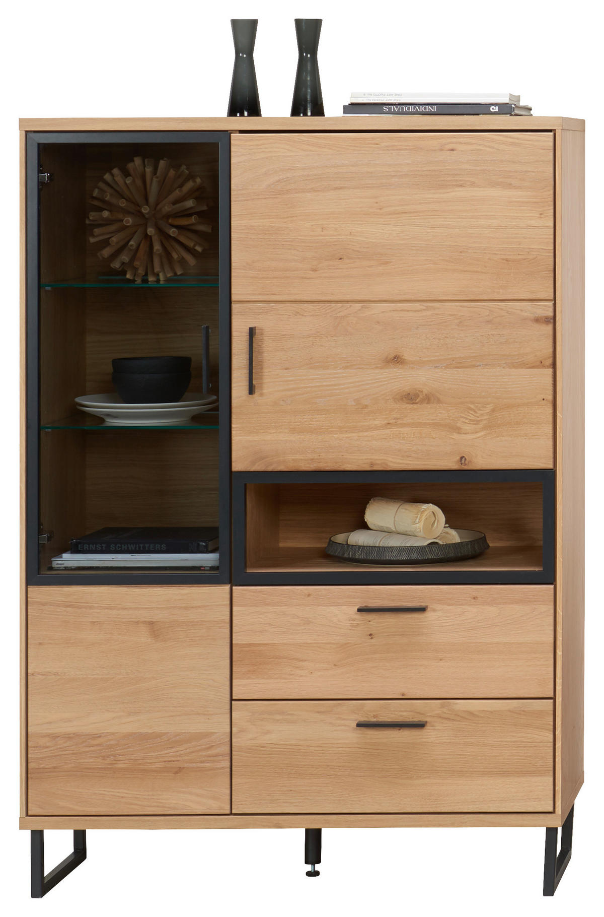 HIGHBOARD  in 95/139/38 cm  - Dunkelgrau/Eichefarben, KONVENTIONELL, Glas/Holz (95/139/38cm) - Cantus