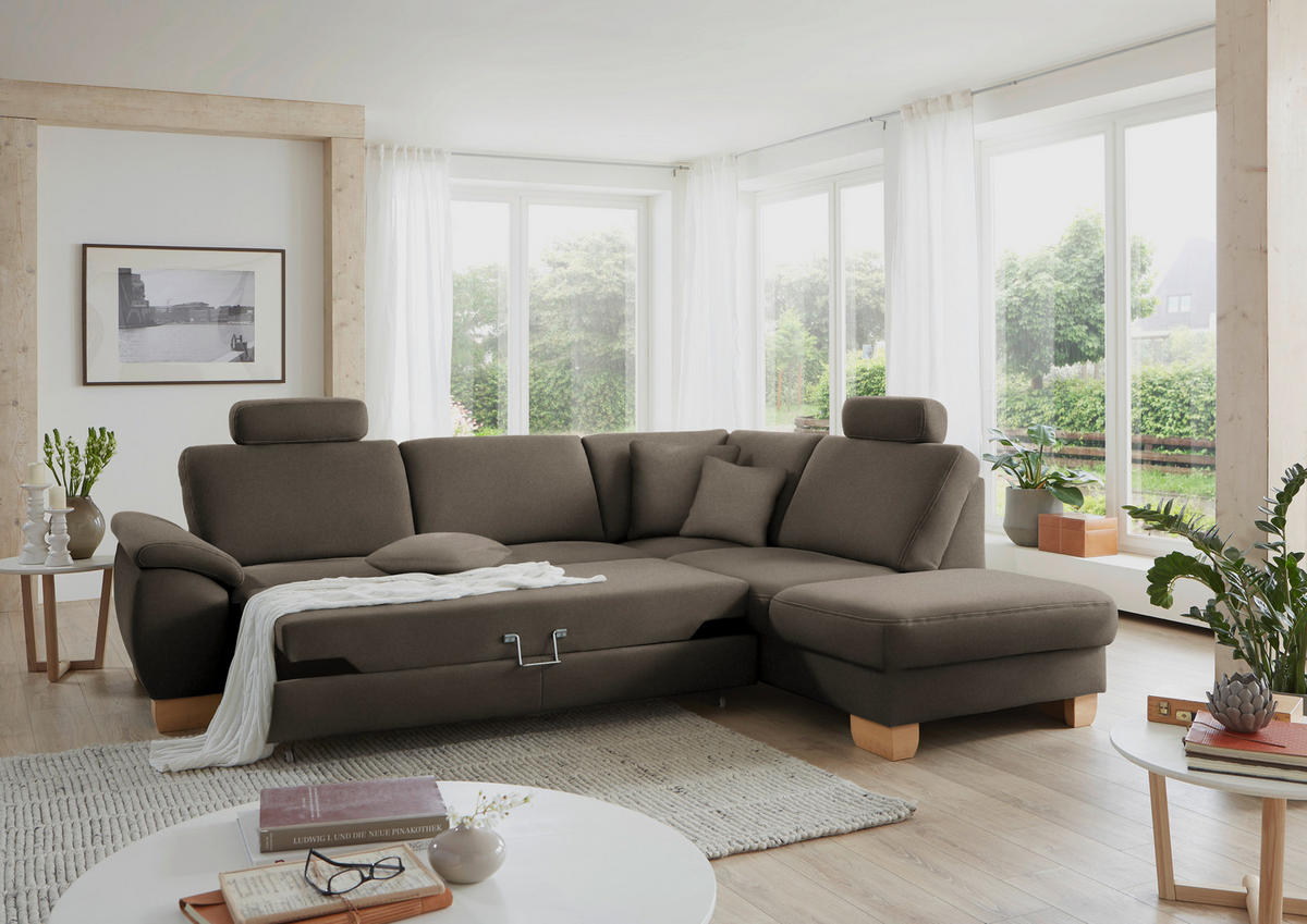 ECKSOFA in Mikrofaser Graubraun  - Wildeiche/Graubraun, Natur, Holz/Textil (286/236cm) - Voleo