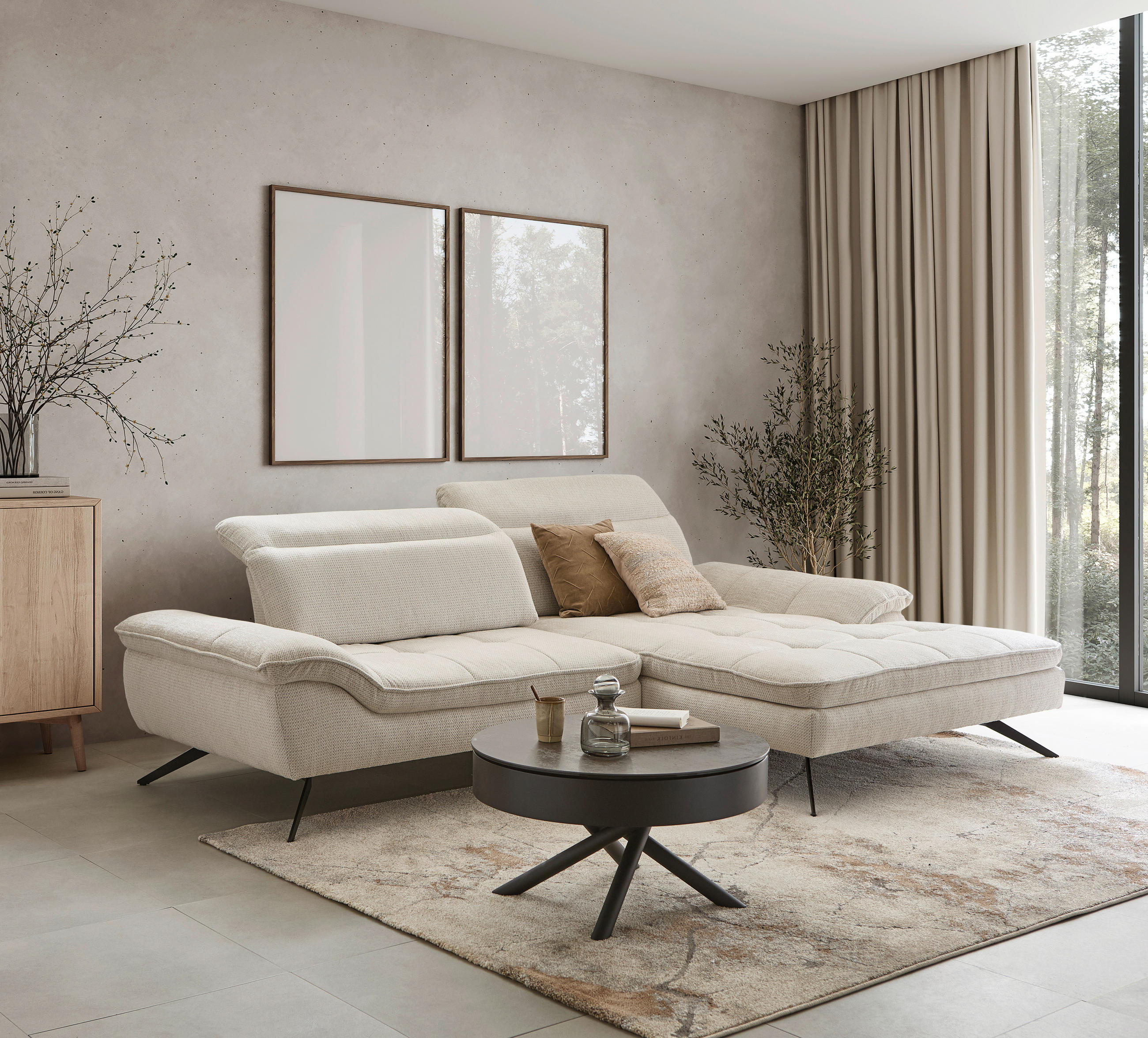 ECKSOFA Beige Chenille  - Beige/Schwarz, Design, Textil/Metall (288/179-202cm) - Stylife
