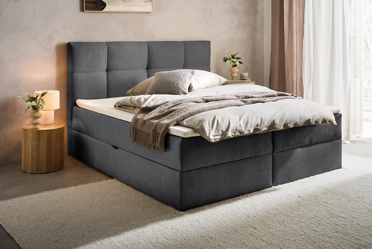 BOXBETT 140/200 cm,  in Dunkelgrau, Bettkasten, Topper, H3 + H3 = fest  - Dunkelgrau, KONVENTIONELL, Textil (140/200cm) - Boxxx