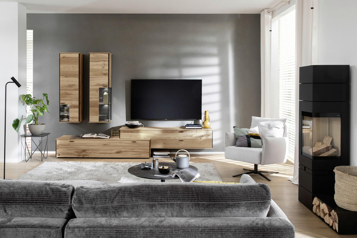 WOHNWAND  in Anthrazit, Eichefarben 303/207/53 cm  - Eichefarben/Anthrazit, Design, Glas/Holz (303/207/53cm) - Schöner Wohnen