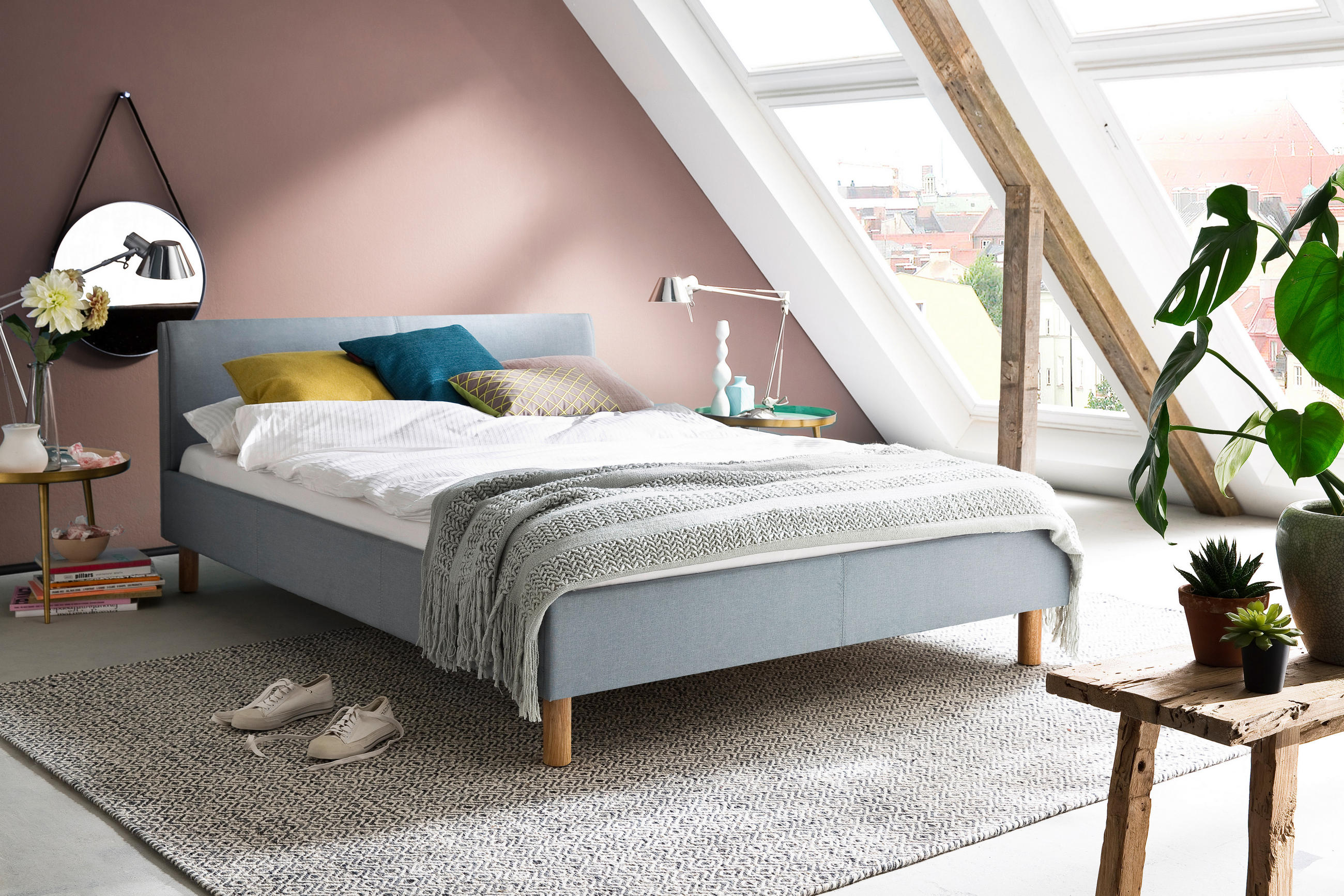 KÁRPITOZOTT ÁGY 140/200 cm  világoskék  - világoskék/tölgyfa, Design, textil/fa (140/200cm) - Livetastic