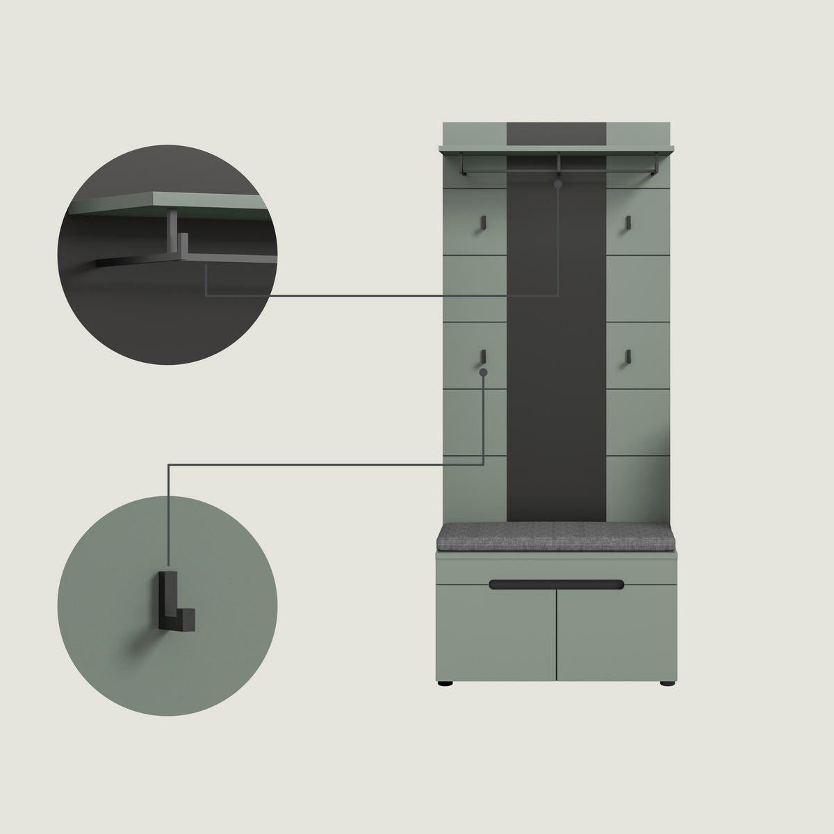 PREDSIEŇOVÝ NÁBYTOK, 255/190/37 cm - sivá/sivozelená, Design, kompozitné drevo (255/190/37cm) - Livetastic