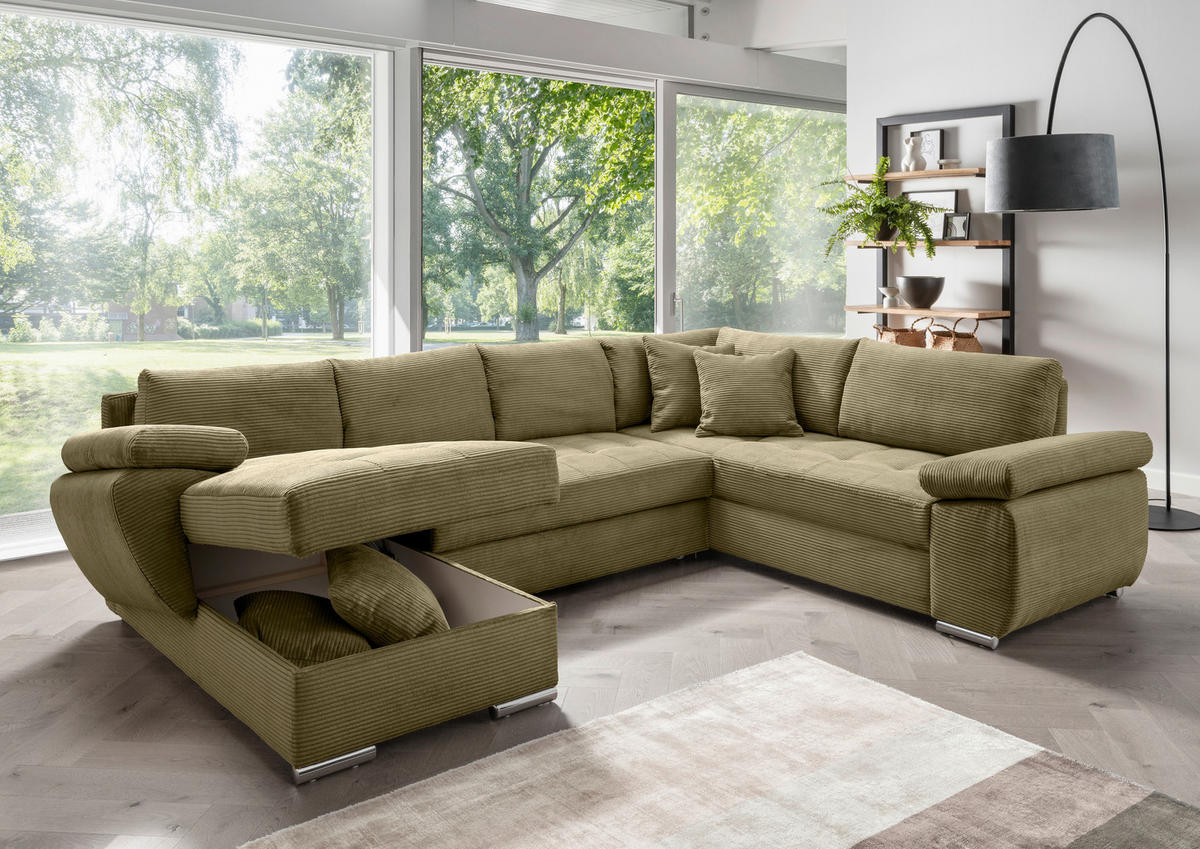WOHNLANDSCHAFT in Cord Olivgrün  - Chromfarben/Olivgrün, KONVENTIONELL, Textil/Metall (157/305/219cm) - Livetastic