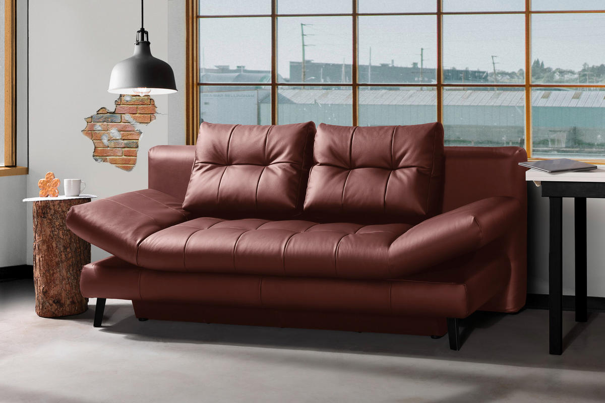 SCHLAFSOFA Bordeaux Echtleder  - Bordeaux/Schwarz, Design, Leder/Metall (209/94/94cm) - Novel