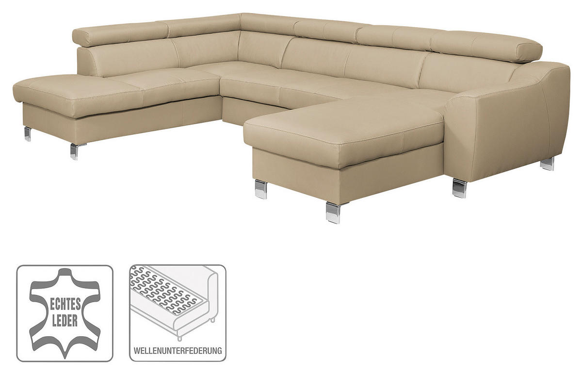 WOHNLANDSCHAFT in Lederlook Echtleder Beige  - Chromfarben/Beige, Design, Leder/Textil (208/315/175cm) - Livetastic