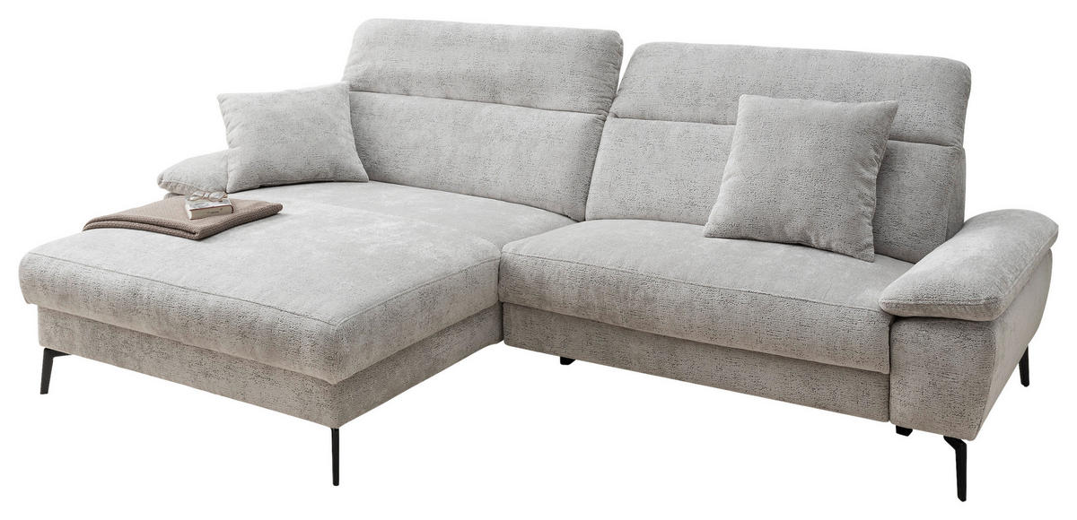 ECKSOFA CANCELLI Silberfarben Struktur Zierkissen, Kopfteilverstellung  - Silberfarben/Schwarz, KONVENTIONELL, Textil/Metall (178/300cm) - Livetastic