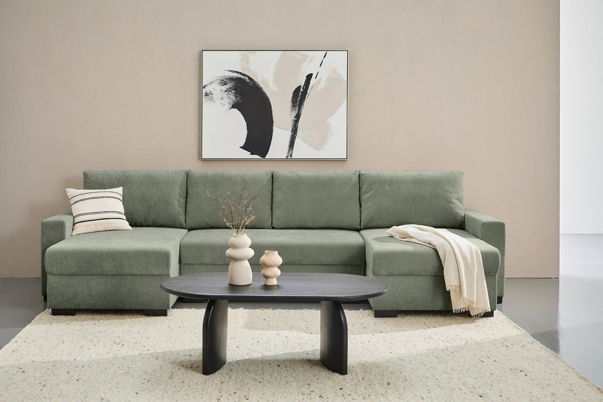 WOHNLANDSCHAFT Mintgrün Chenille  - Schwarz/Mintgrün, KONVENTIONELL, Kunststoff/Textil (140/328/140cm) - Ti'me