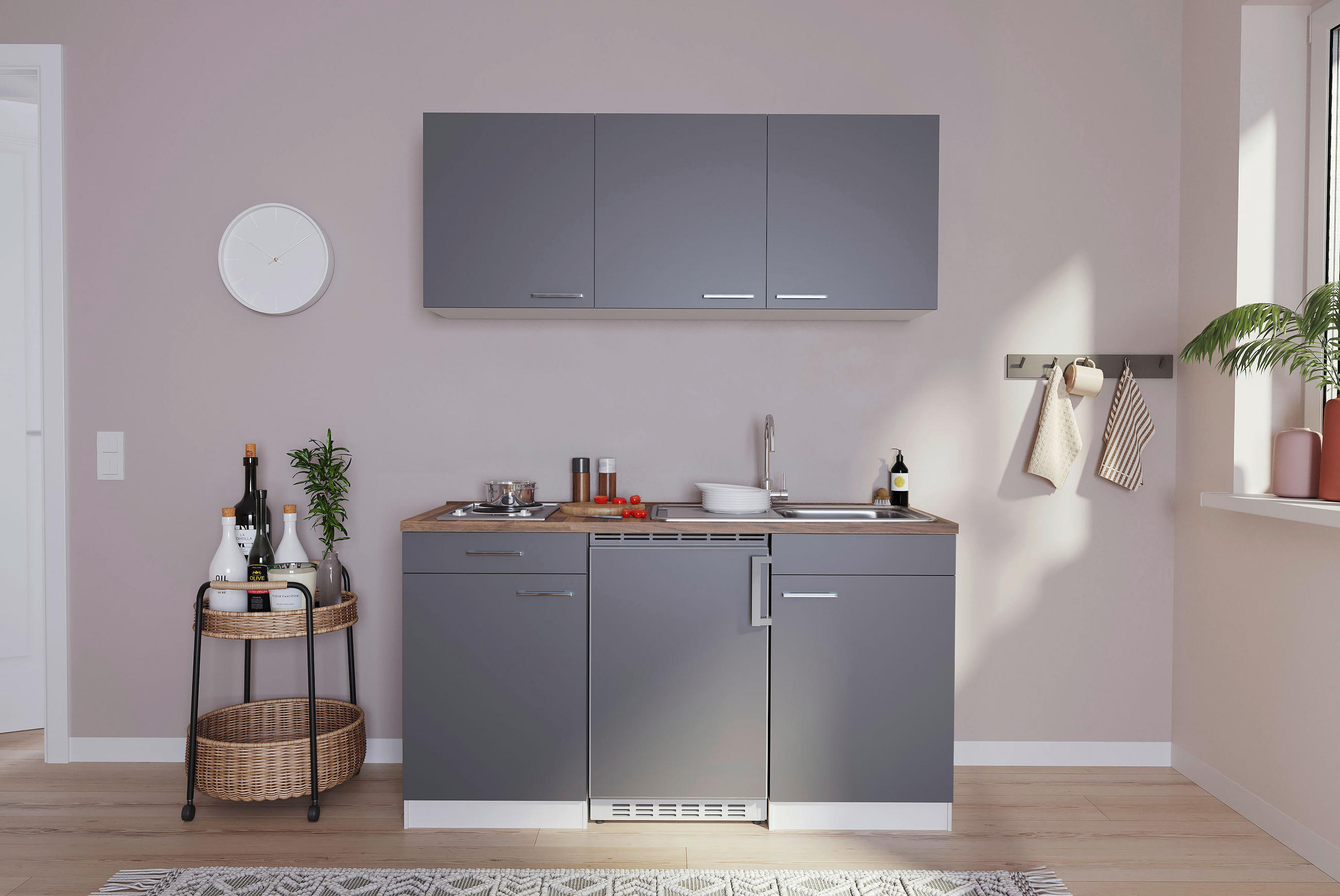MINIKÜCHE 150 cm   in Grau  - Edelstahlfarben/Nussbaumfarben, Basics, Holzwerkstoff/Kunststoff (150cm) - Respekta