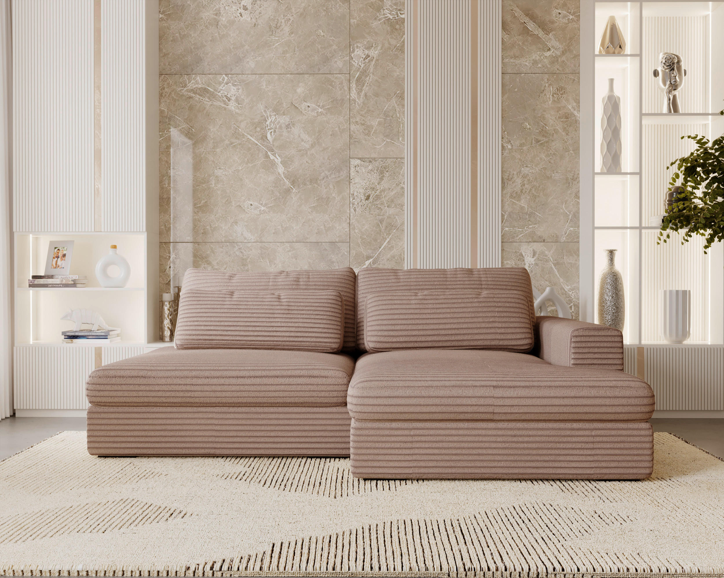 ECKSOFA Hellbraun Cord  - Hellbraun/Schwarz, Design, Kunststoff/Textil (223/158cm) - home24