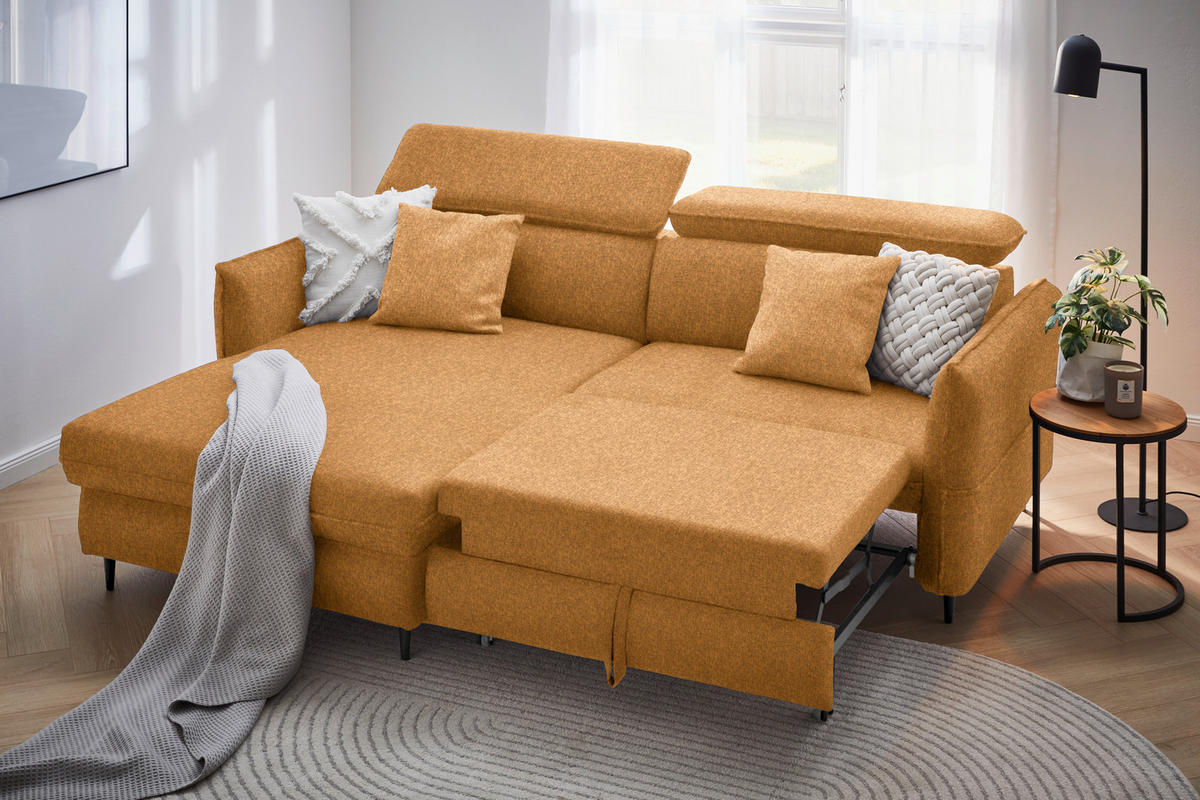 ECKSOFA inkl. Funktionen Currygelb, Gelb, Orange Samt  - Currygelb/Gelb, Design, Holz/Textil (185/232cm) - Stylife