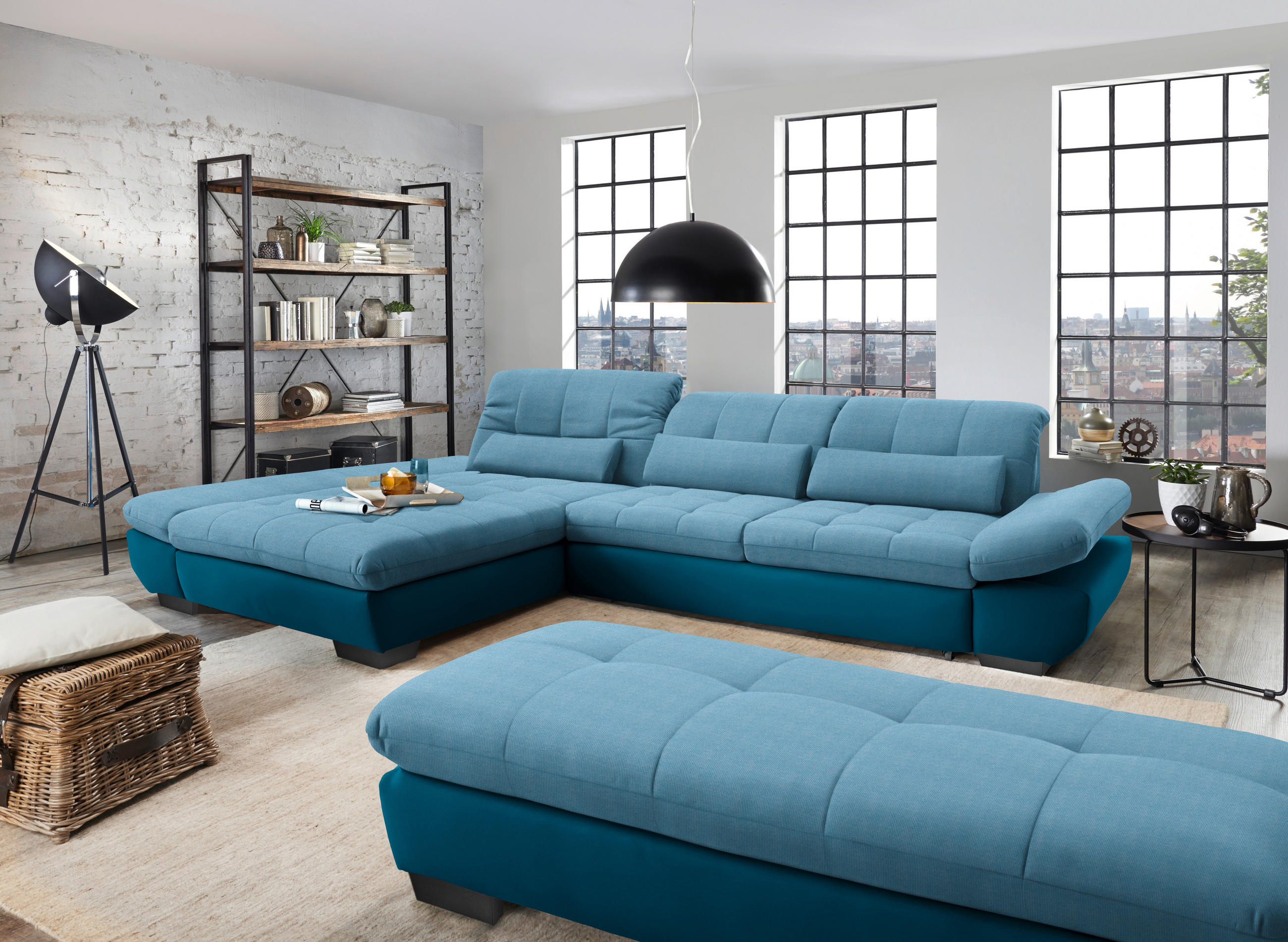 ECKSOFA in Mikrofaser Hellblau  - Schwarz/Hellblau, Design, Textil/Metall (204/341cm) - Xora