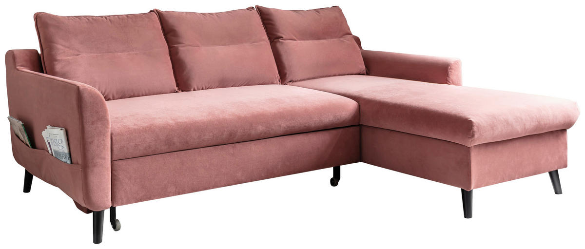 ECKSCHLAFSOFA Stylish Stan Velours Altrosa  inkl. Rückenkissen, Bettkasten, Schlaffunktion  - Schwarz/Altrosa, Basics, Holz/Textil (230/150cm) - MID.YOU
