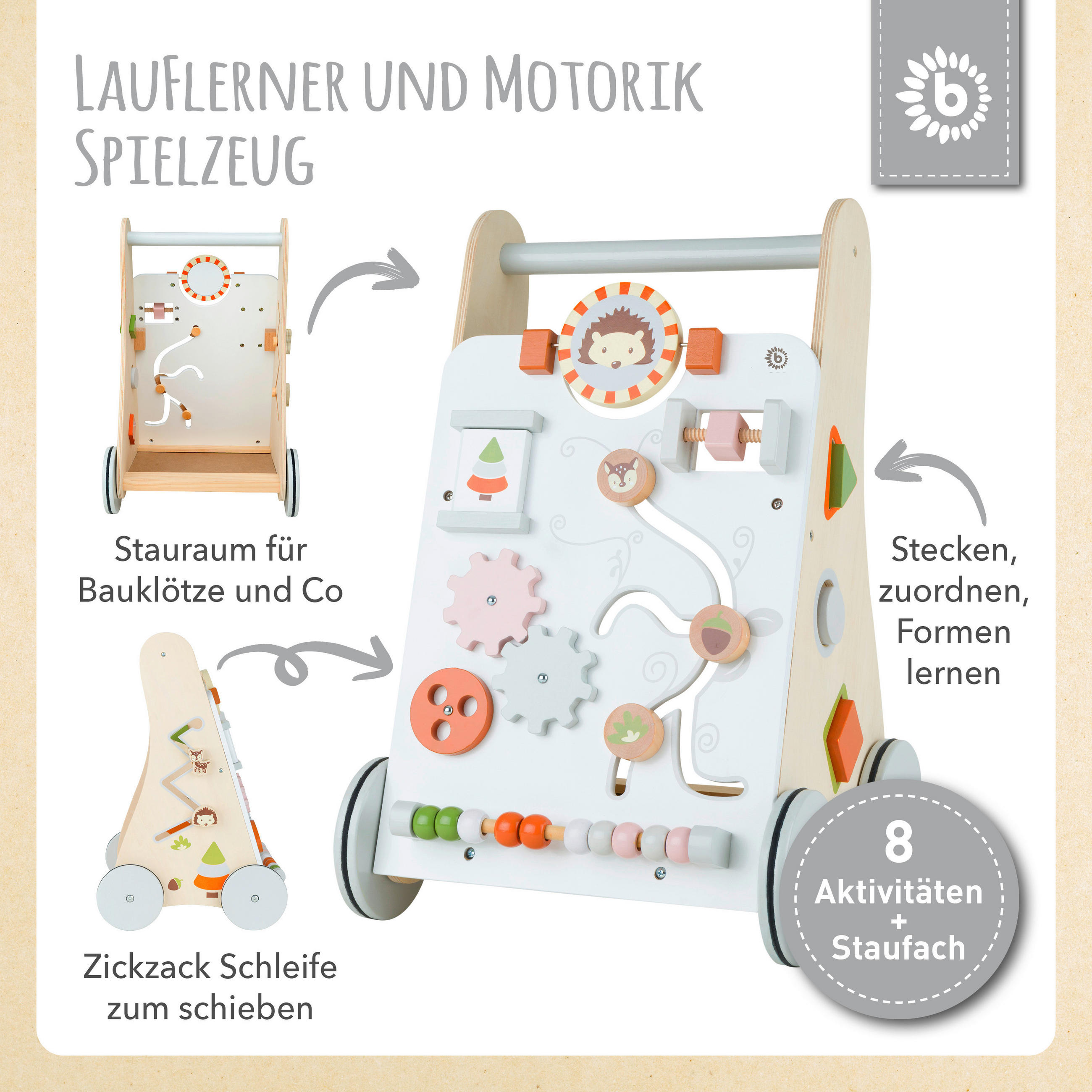 LAUFLERNWAGEN HOLZ WALDTIERE - Naturfarben/Orange, KONVENTIONELL, Holz (37/35/51cm)