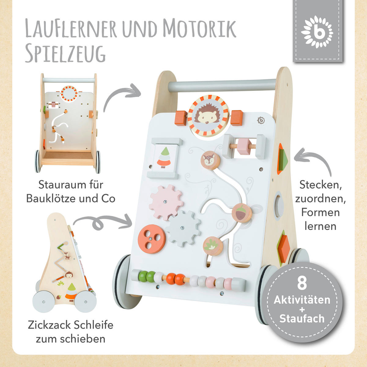 LAUFLERNWAGEN HOLZ WALDTIERE - Naturfarben/Orange, KONVENTIONELL, Holz (37/35/51cm)