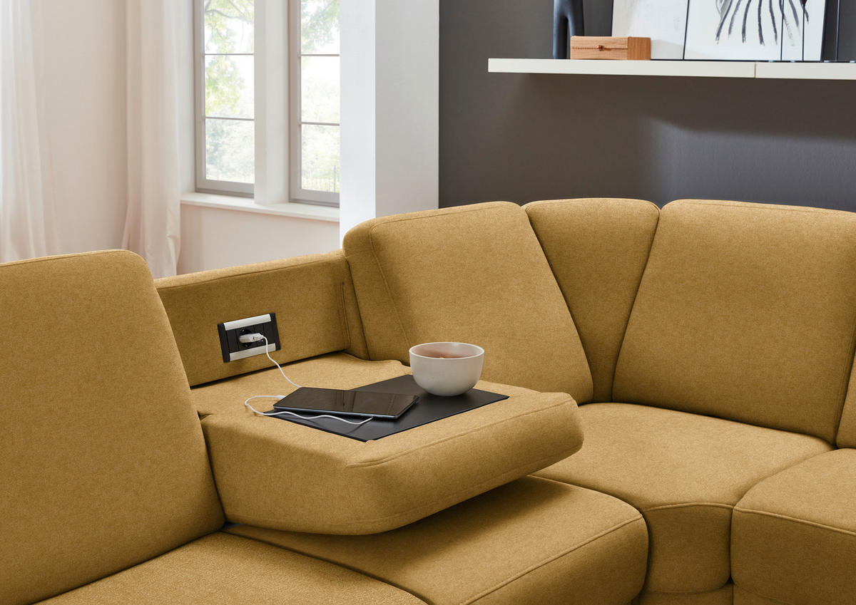 ECKSOFA Flachgewebe Currygelb  - Currygelb/Schwarz, Konventionell, Textil/Metall (287/269cm) - Beldomo System