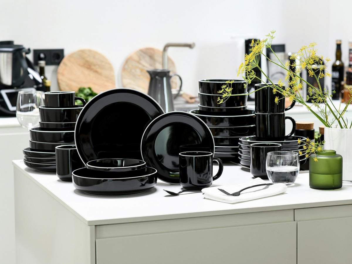 KOMBISERVICE Weiß, Schwarz Hochglanz Nordic Gourmet Schwarz 30-teilig 6 Personen  - Schwarz Hochglanz/Weiß, Basics, Keramik - Creatable