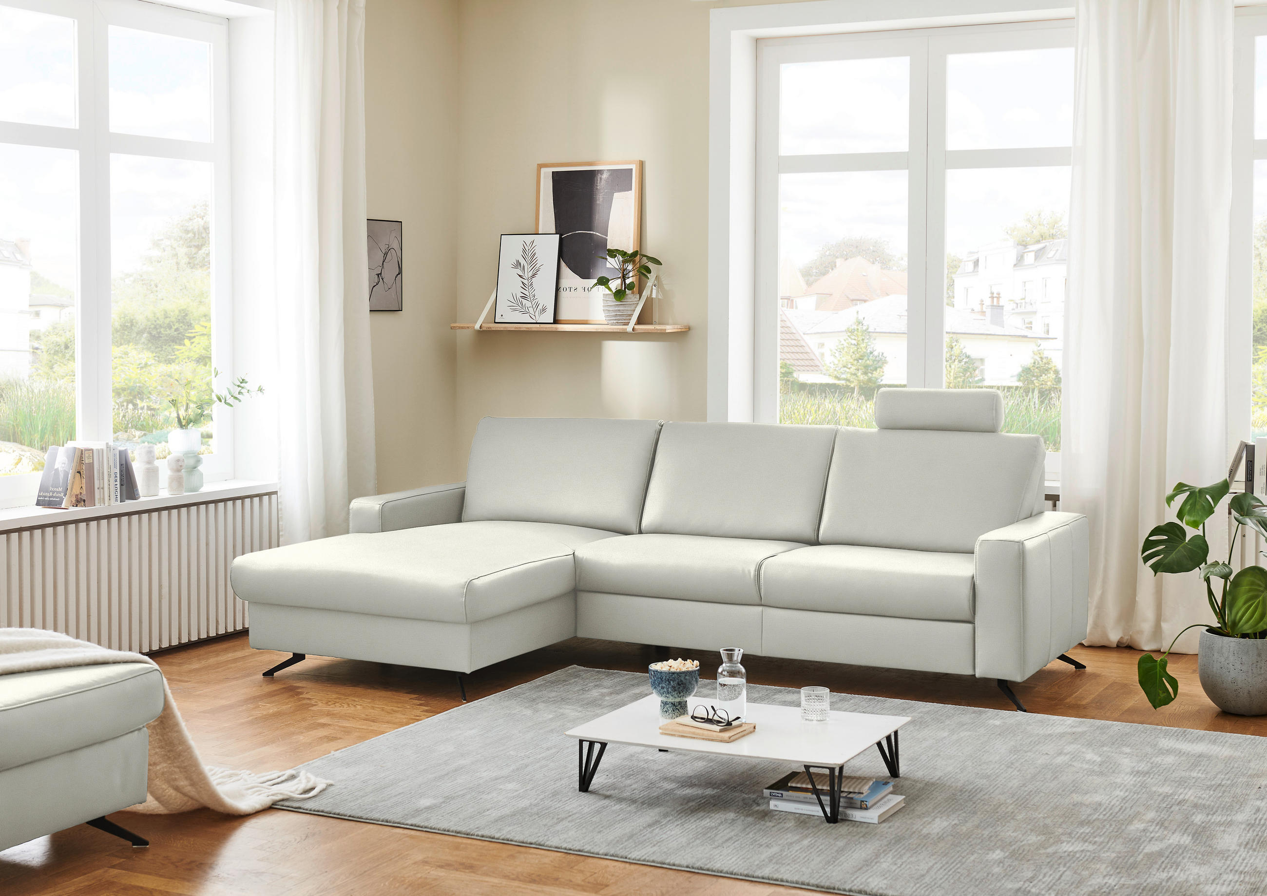 ECKSOFA in Echtleder Weiß  165/267 cm  - Schwarz/Weiß, Design, Leder/Metall (165/267cm) - Lomoco