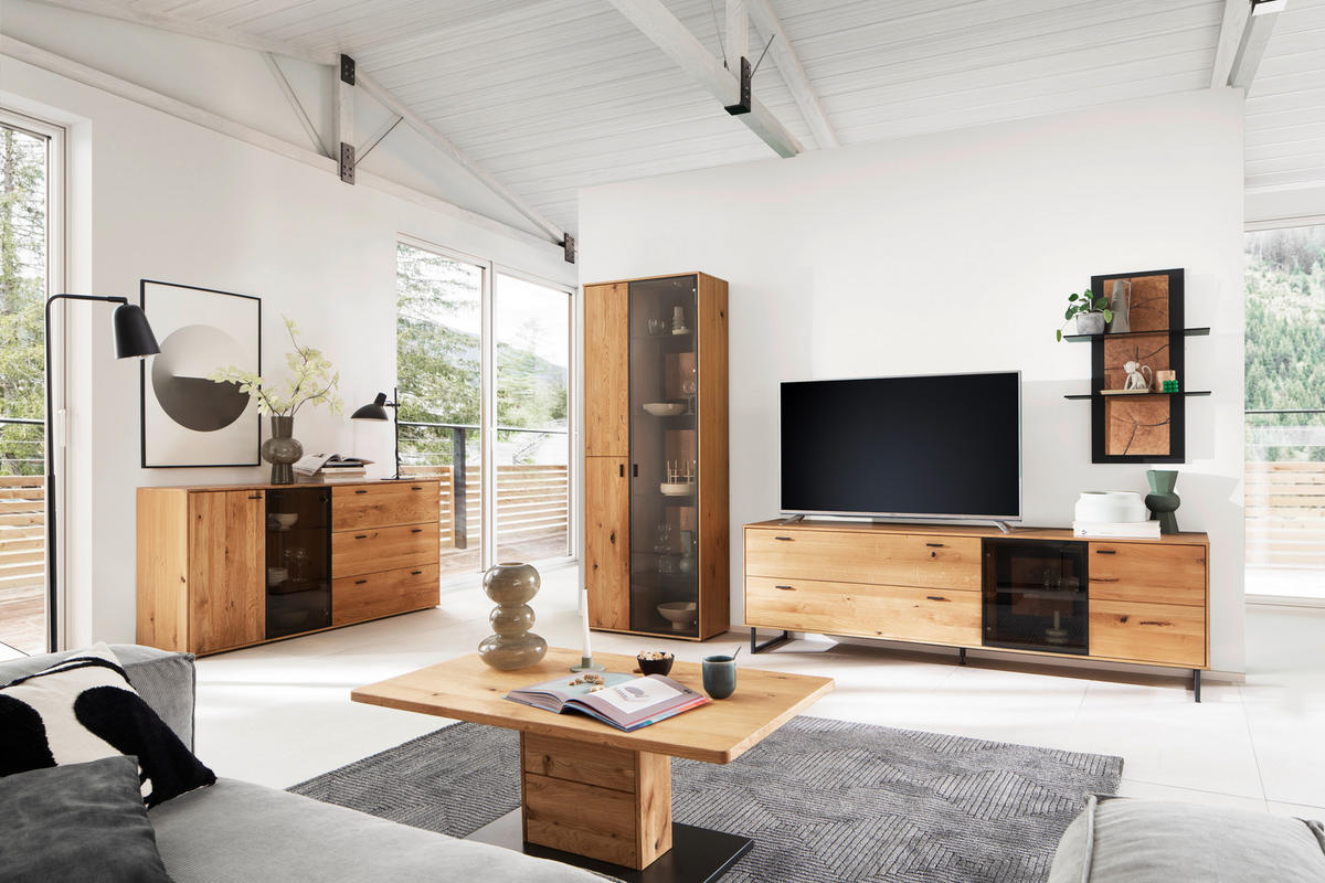 WOHNWAND  in Wildeiche 306/206/50 cm  - Wildeiche/Schwarz, Design, Glas/Holz (306/206/50cm) - MID.YOU