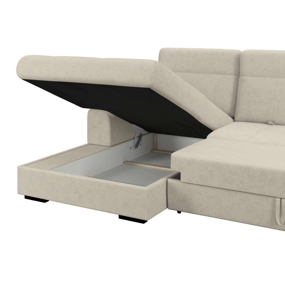 ECKSOFA Beige Chenille Rücken echt, Kopfteilverstellung  - Beige/Schwarz, KONVENTIONELL, Holz/Textil (203/286cm) - MID.YOU